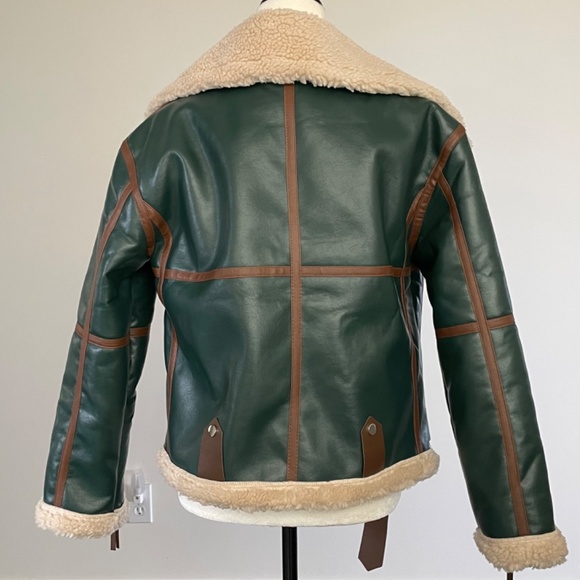 Bida Faux Shearling/Leather Green & Brown Bomber Jacket. Size M - Picture 2 of 16